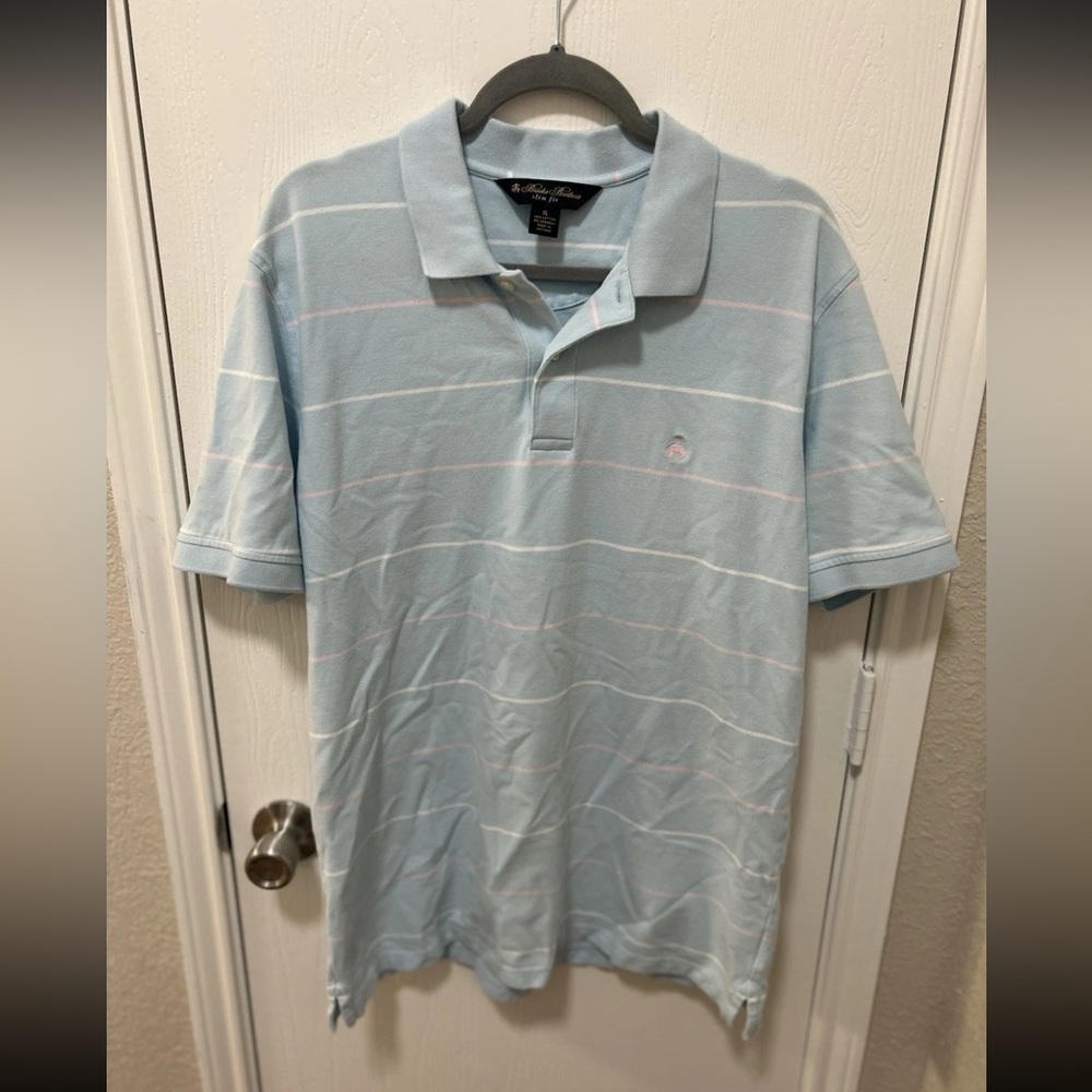 Brooks Brothers Polo Tee Shirt Slim Fit Light Blue Striped Size XL Men’s